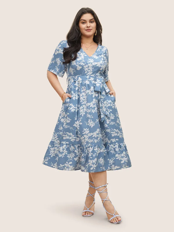 Silhouette Floral Print Patchwork Elastic Waist Dress Tunics Prom sequined