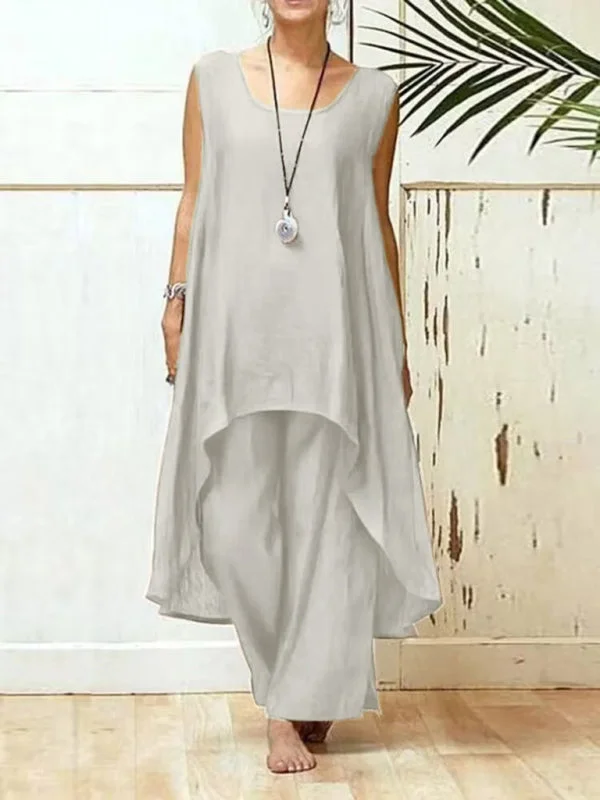 Blue Zone Planet | Cotton linen irregular sleeveless wide-leg pants two-piece set Modern Skinny Pants