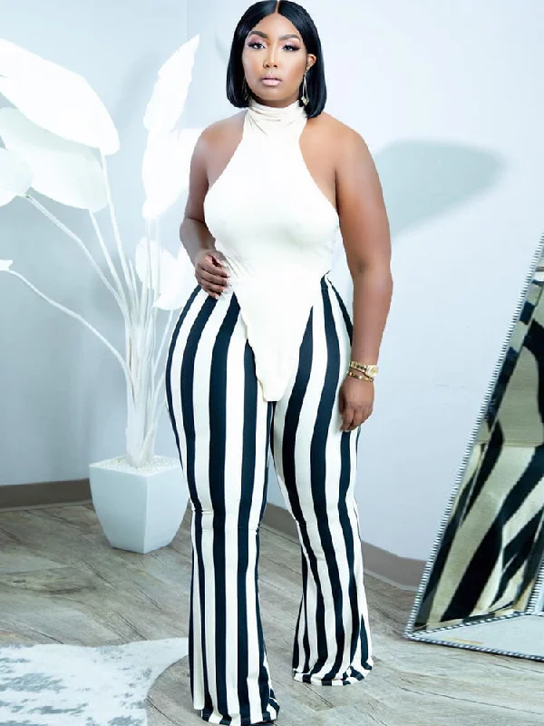 Two Piece Sleeveless Tops & Striped Bodycon Pants Classic Cropped Pants