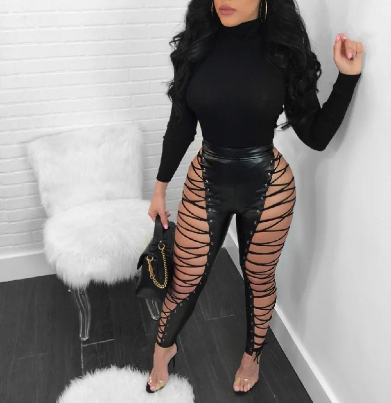PU Criss Cross Bandage Bodycon Pants Cozy Knit Pants