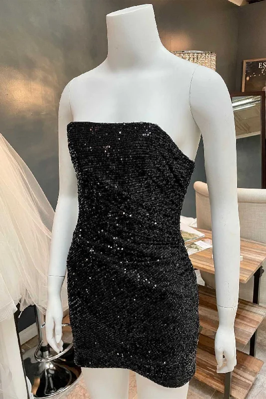 Black Sequin Strapless Bodycon Short Party Dress Tunics Travel practical
