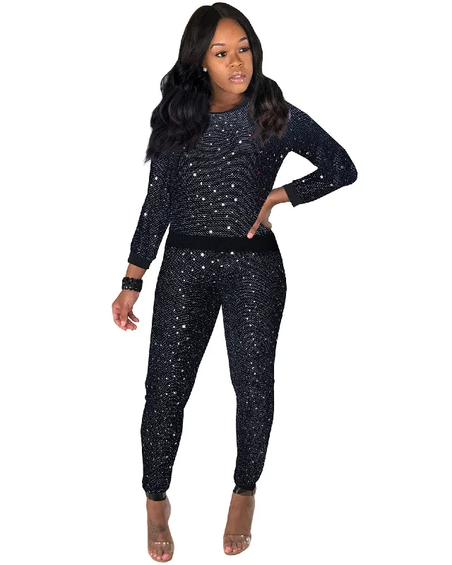 Two Piece Sequin Stripe Top + Pants Set Formal Wide-Leg Pants