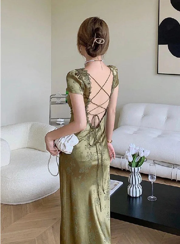 Green Satin Lace V Neck Cap Sleeves Long Party Dress,DP1891 Tunics Timeless classic