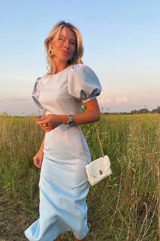 Light Blue Short Puffy Sleeves Formal Party Dress,DP1798 Boatneck Modish Everyday
