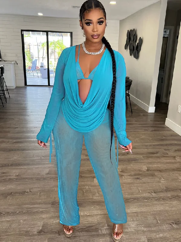 Three Piece Long Sleeve Mesh Cover Up Pants Suit High-Waist Trousers