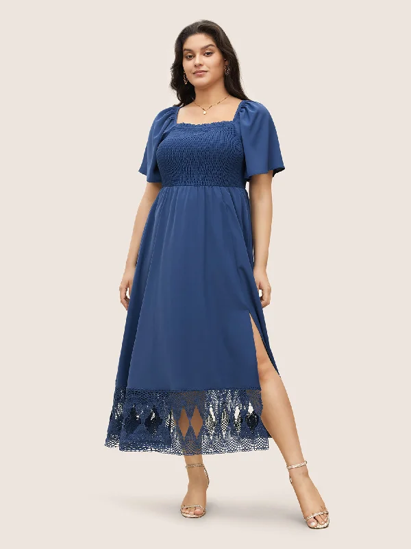 Square Neck Shirred Lace Trim Slit Hem Dress Tunics Versatile all-occasion