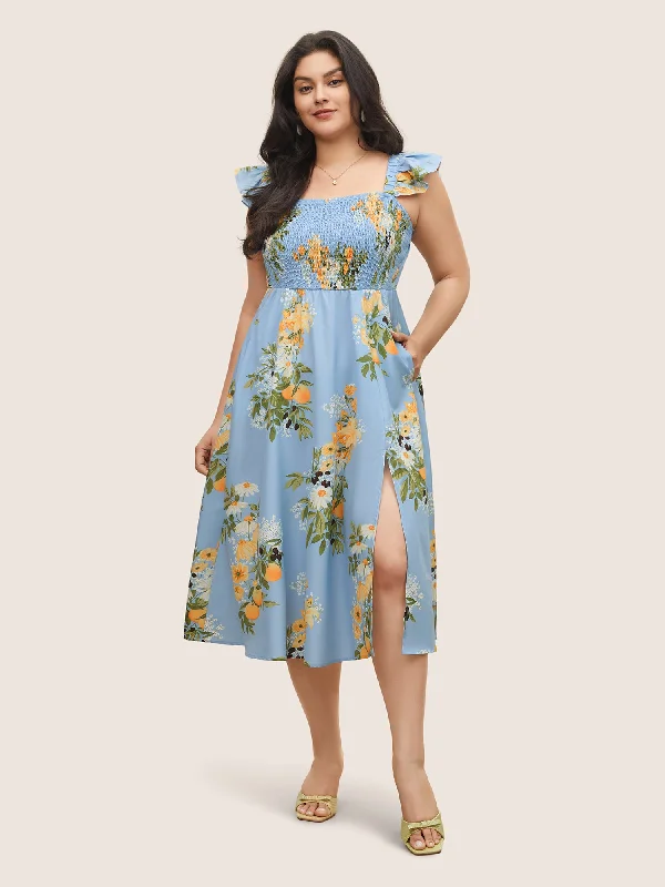 Citrus Oranges Print Shirred Ruffle Trim Split Hem Dress Tunics Running lightweight