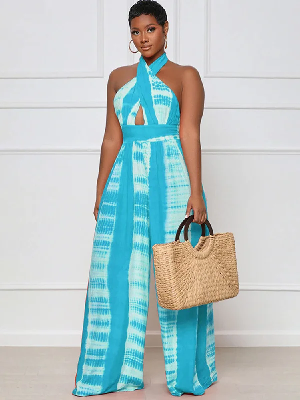 Sleevelesss Halter Neck Tie Dye Wide Leg Pants Soft Cotton Pants
