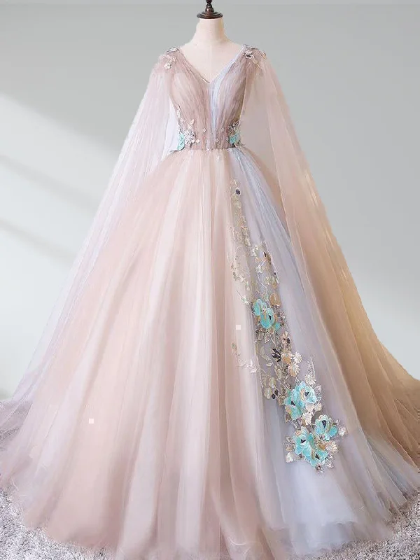 A Line Tulle Khaki Embroidery Appliqued Long Dresses Shift Classic Vintage