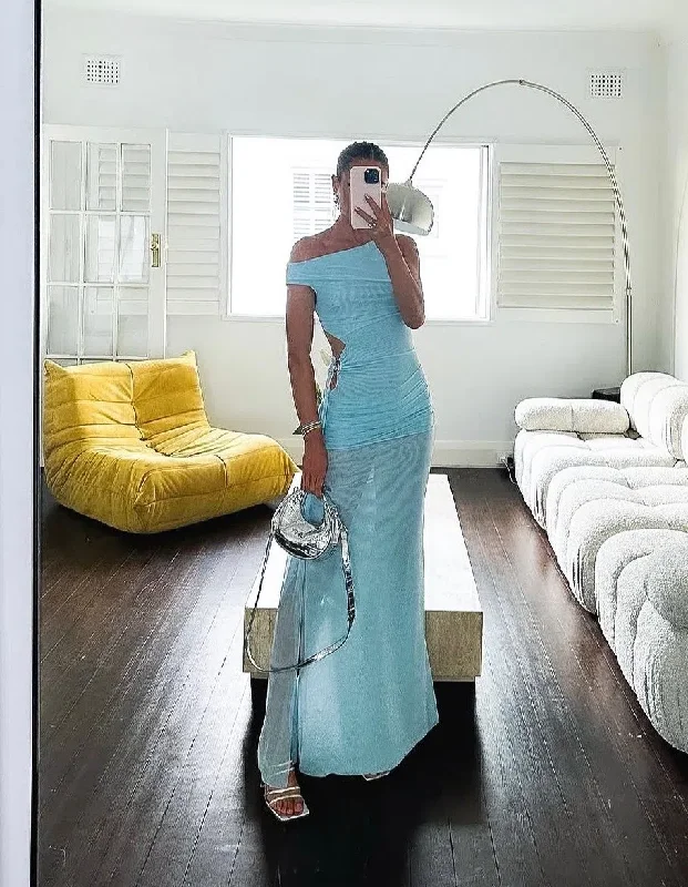 Pale Blue Chic Wedding Guest Dress Long Party Dress with Slit, DP2007 Tunics Velvet soft Pale Blue Chic Wedding Guest Dress Long Party Dress with Slit, DP2007 Tunics Velvet soft
