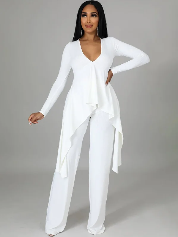 Two Pieces Irregular Lace Up V Neck Top & Long Pants Comfortable Jogger Trousers