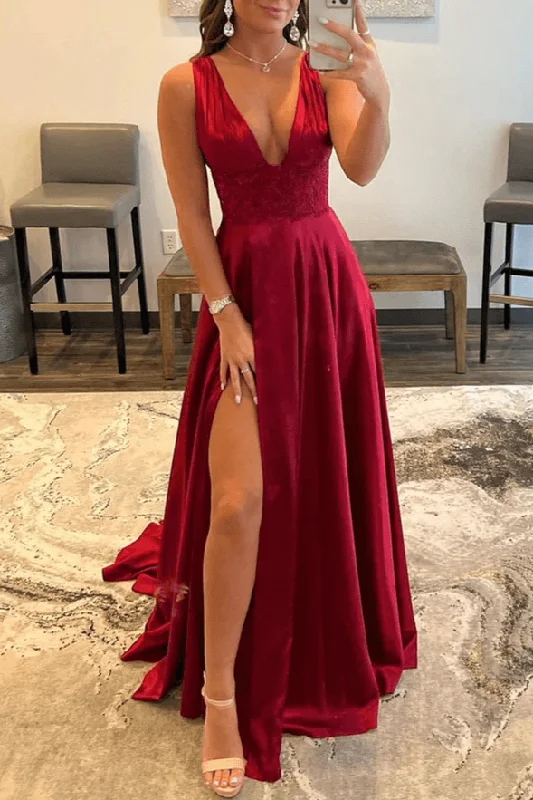 Novah | Burgundy V Neck Lace Long Prom Evening Dress with High Slit Tunics New arrival