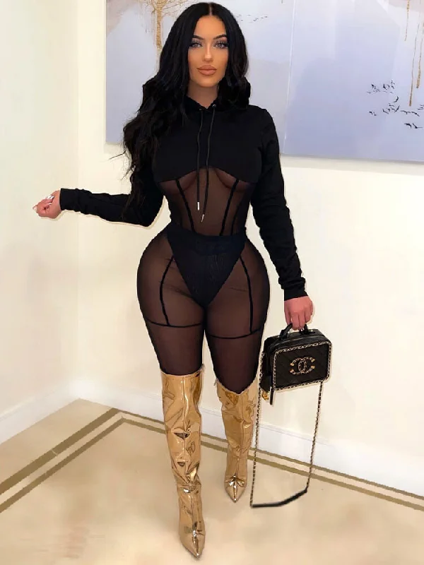 Long Sleeve Mesh Patchwork Hoodie & Bodycon Long Pants Stylish Paperbag Waist Pants
