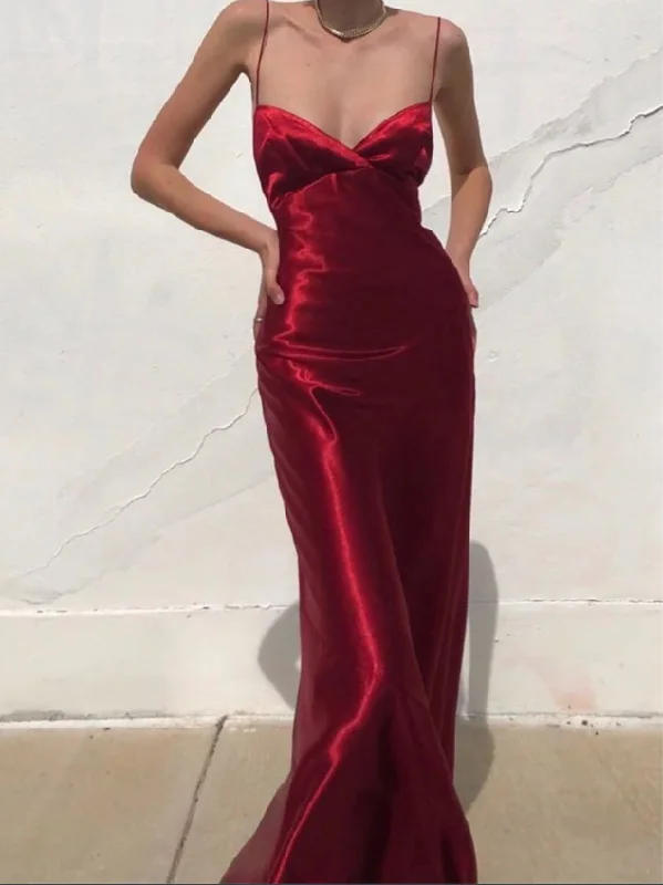 Charming Red Spaghetti Straps Backless Long Party Dress, DP2049 Crew Neckline Casual Charming Red Spaghetti Straps Backless Long Party Dress, DP2049 Crew Neckline Casual