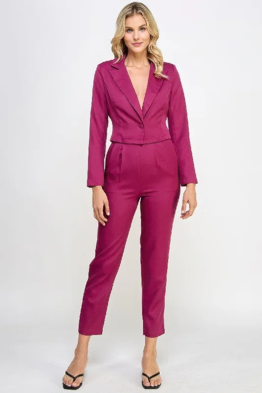 Single Button Crop Blazer With Tailored Pants Set Stylish Paperbag Waist Pants