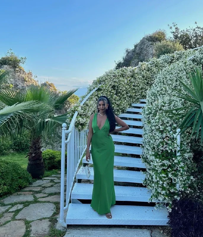Green V Neck Backless Elegant Long Party Dress, DP2032 Tunics Top Casual