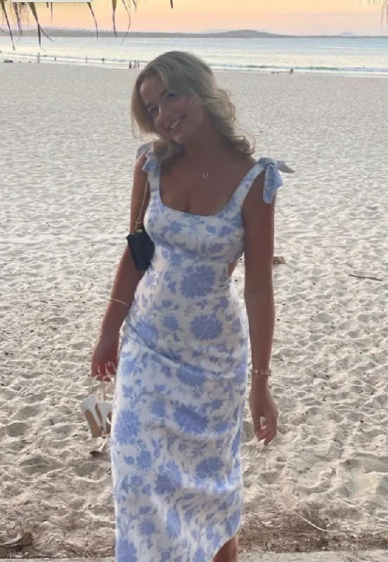 Sweet Blue and White Printed Backless Party Dress Wedding Guest Dress,DP1498 Tunics Vintage classic