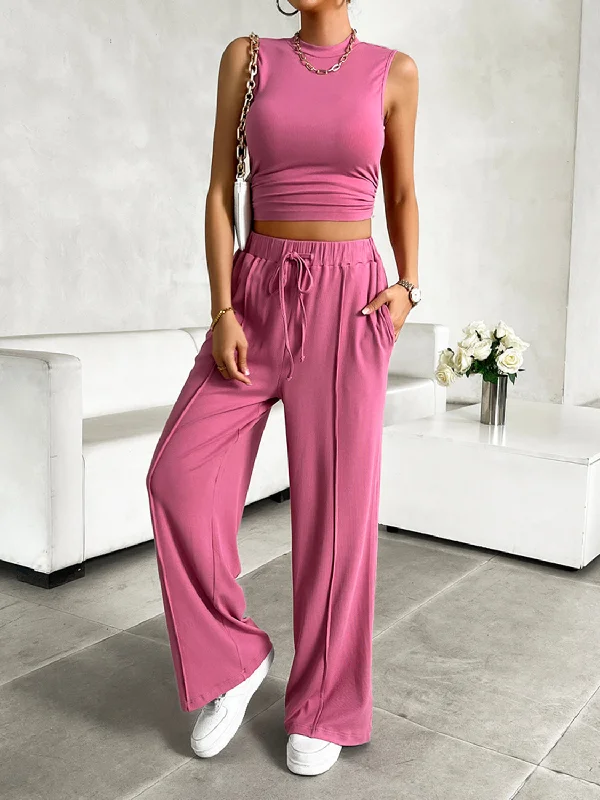Devine Mock Neck Sleeveless Top and Drawstring Pants Set Sleek Black Pants