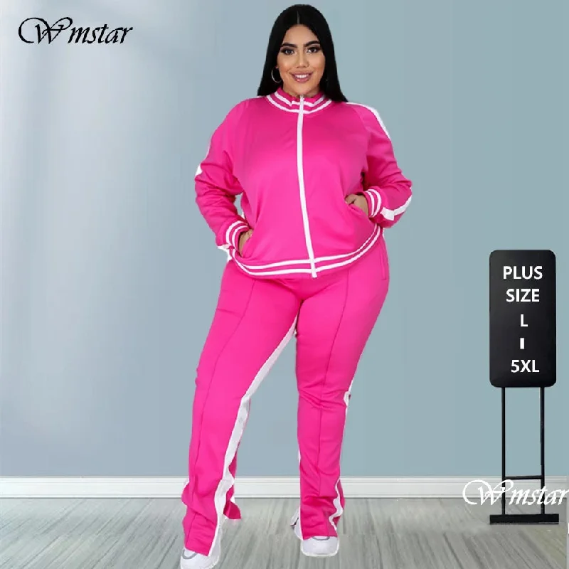 Plus Size L-5XL Two Piece Set Women Zipper Striped Top Slit Pants Outfit Relaxed Lounge Trousers