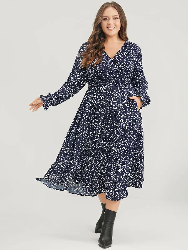 Plant Print Pocket Lantern Sleeve Wrap Shirred Dress Tunics Hiking breathable