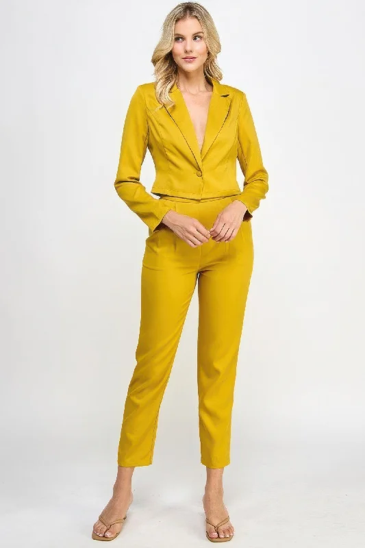 Single Button Crop Blazer With Tailored Pants Set Formal Stretch Pants