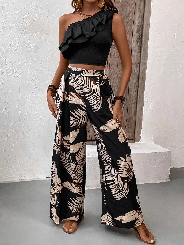 Blue Zone Planet |  Ruffled Sleeveless Top and Printed Pants Set Classic Straight-Leg Pants
