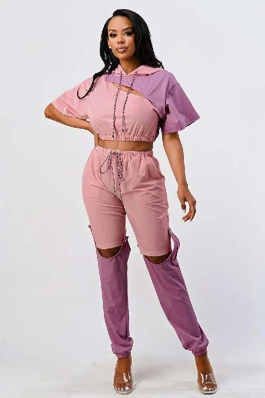 Pants Set In Color Block With Hoodie And Detachable Bottom Part Trendy Wide-Leg Pants