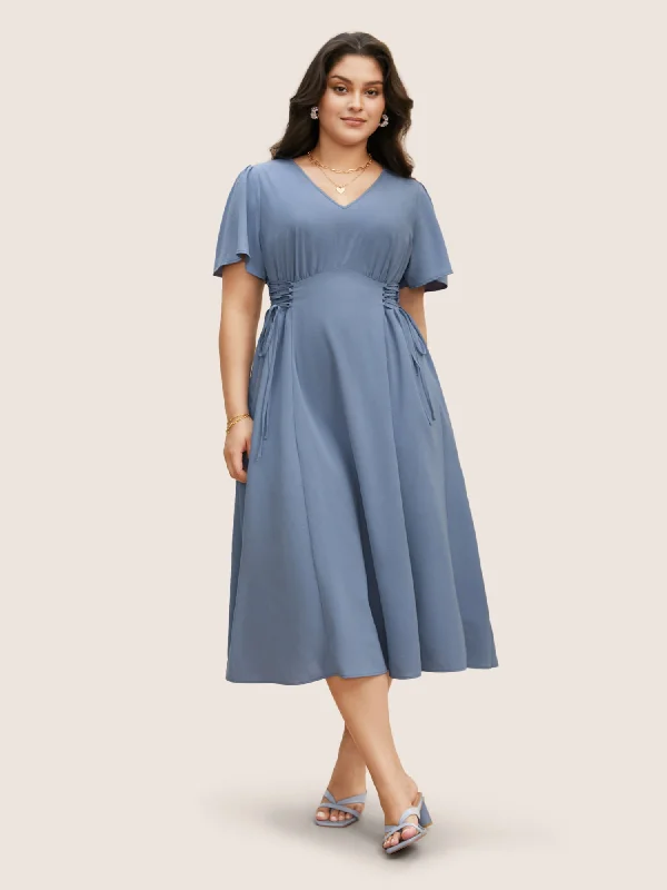 V Neck Shirred Gathered Lace Up Dress Tunics Yoga stretchy