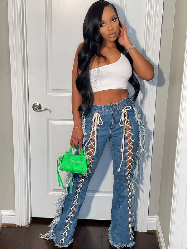 Denim Tassel Criss Cross Wide Leg Pants Fashionable Track Pants