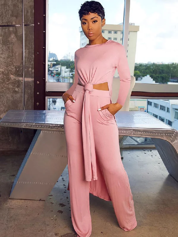 Two Piece Long Sleeve Split Tops & Pants Chic Wool Trousers