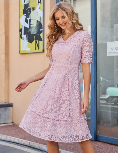 TastyHottie - embroidered lace V-neck waist slim A-line dress Tunics Occasion special
