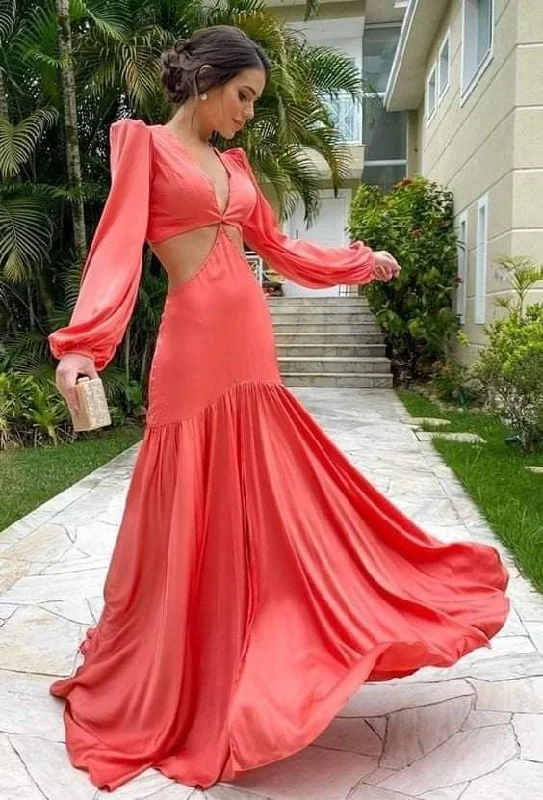 Coral Long Sleeves V Neck Long Party Dress Evening Dress,DP1809 A-Line Day Work