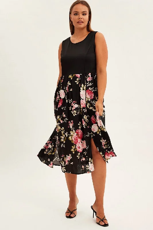Print Cream Print Sleeveless Plain Bodice Long Dress Tunics Lace romantic