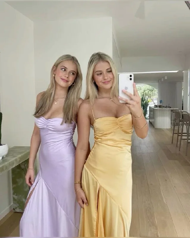 Lilac Straps Satin Cute Long Party Dress with Slit, DP2275 Tunics Formal black
