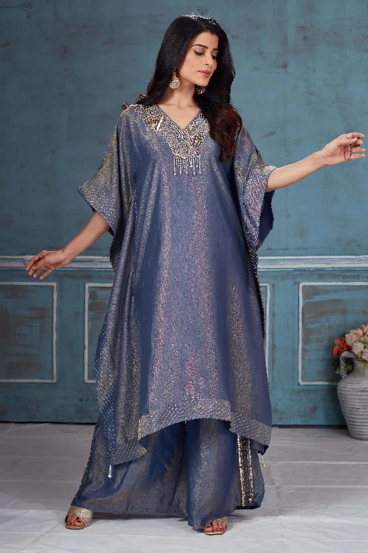 52A163 Blue Embroidered Tissue Georgette Kaftan Pant Set Wide-Legged Palazzos