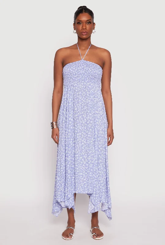 Floral Double Slit Halter Dress Crew Neckline Sporty