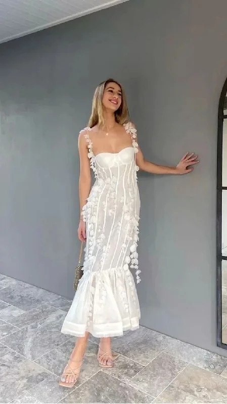 White Spaghetti Straps Backless Floral Elegant Party Dress,DP1494 Tunics Brand named