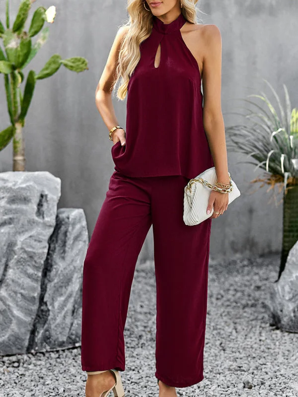 Blue Zone Planet |  elegant and halterneck sleeveless tops and straight pants two-piece set Stylish Elastic Waist Pants