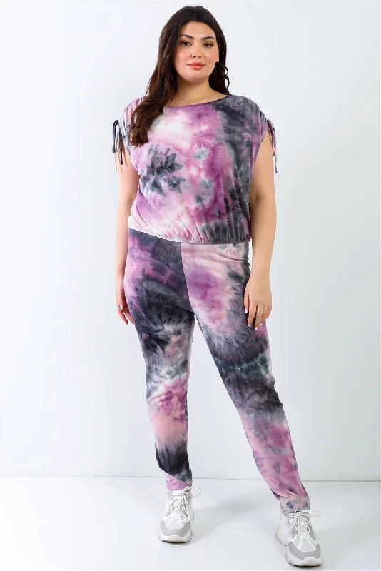 Plus Purple & Black Tie-dye Ruched Shoulder Detail Top & Pants Set Fashionable Jogger Pants