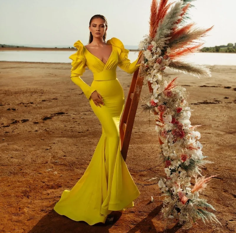 vestido de noche simple evening dresses long sleeve v neck yellow mermaid evening gown party dress robe de soiree Pleated Skirt Elegant