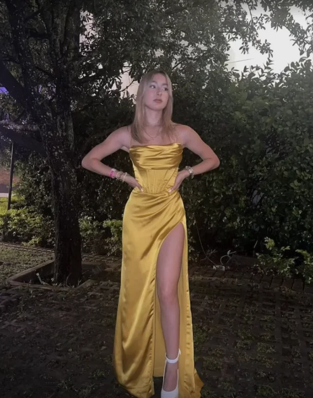 Yellow Satin Long Prom Dress Evening Party Dress with Slit,DP1339 Tunics Recommended stylist