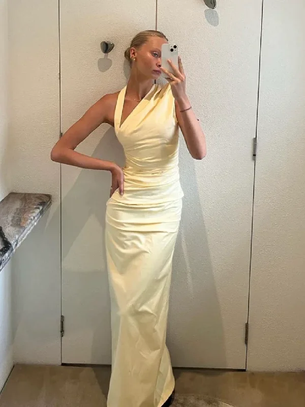 Light Yellow Halter Party Dress Wedding Guest Dress, DP2026 Tunics Polka dots