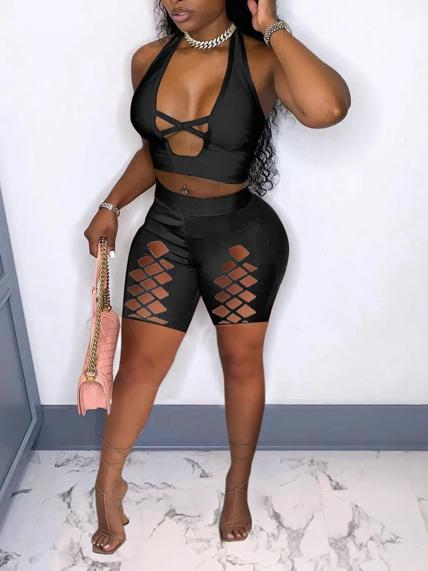 Two Piece Sleeveless Criss Cross Pants Suit Comfortable Wide-Leg Pants