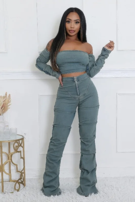 Denim Off The Shoulder Stretch Pant Set Relaxed Casual Leggings