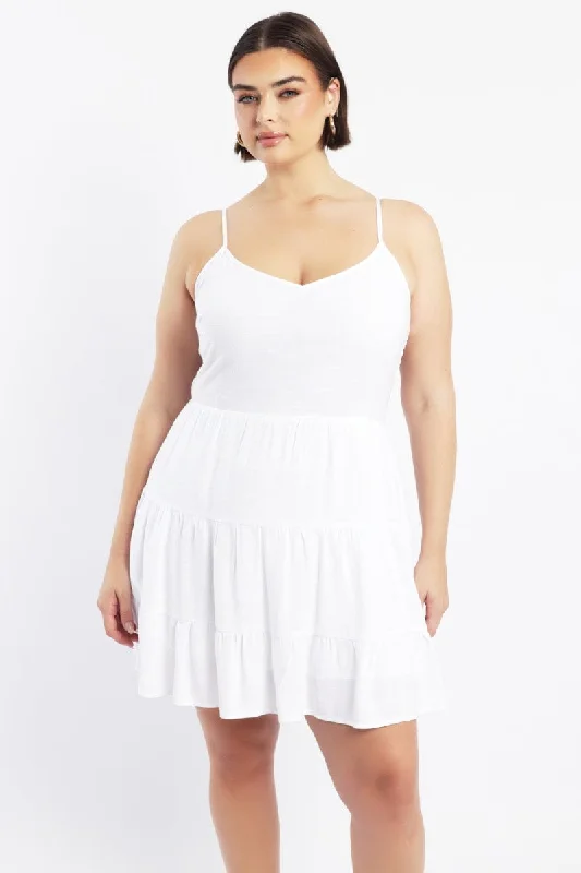 White Tiered Linen Blend Swing Dress Tunics Exclusive limited