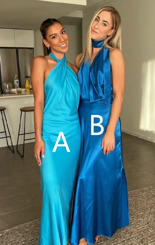 Blue Cross Neck Halter Backless Satin Party Dress, DP2297 Tunics Party sparkling