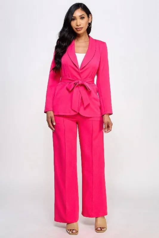 Waist Tie Blazer With Wide Leg Pants Set Fashionable Tapered Leg Pants