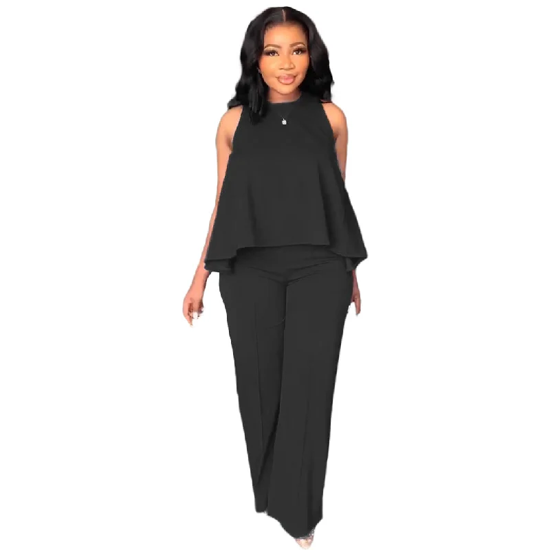 Two Piece Ruffle Top + Wide Leg Pants Set Elegant Wool Trousers