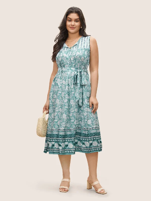 Boho Print Tie Neck Belted Pleated Dress Tunics Denim casual