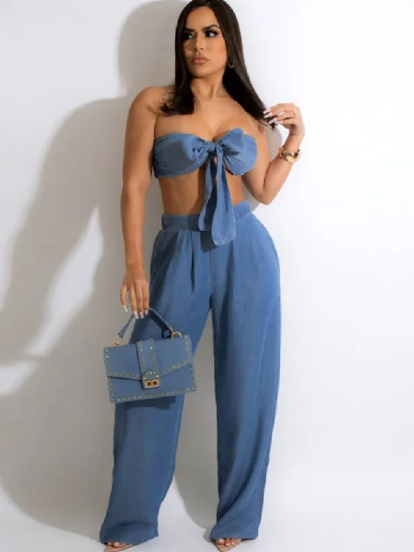 Two Piece Tube Top & Wide Leg Pants Comfy Athletic Pants